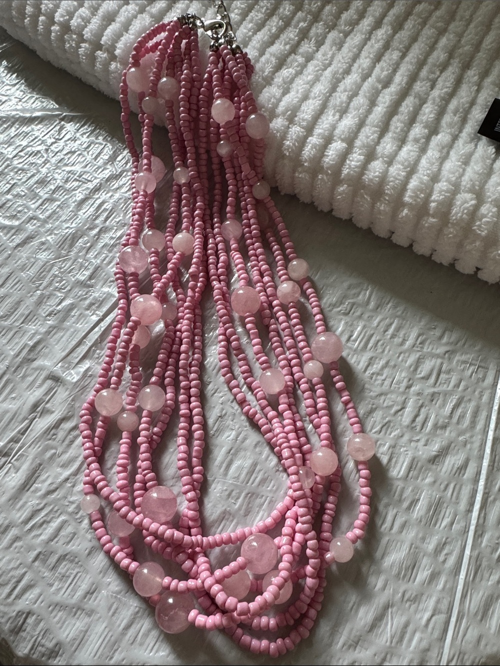 Galilea Rose Quartz and Simulated Pink Pearl glass beads. 7 rows